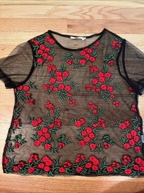 Sheer Black Mesh Top with Red Floral Embroidery, size Small